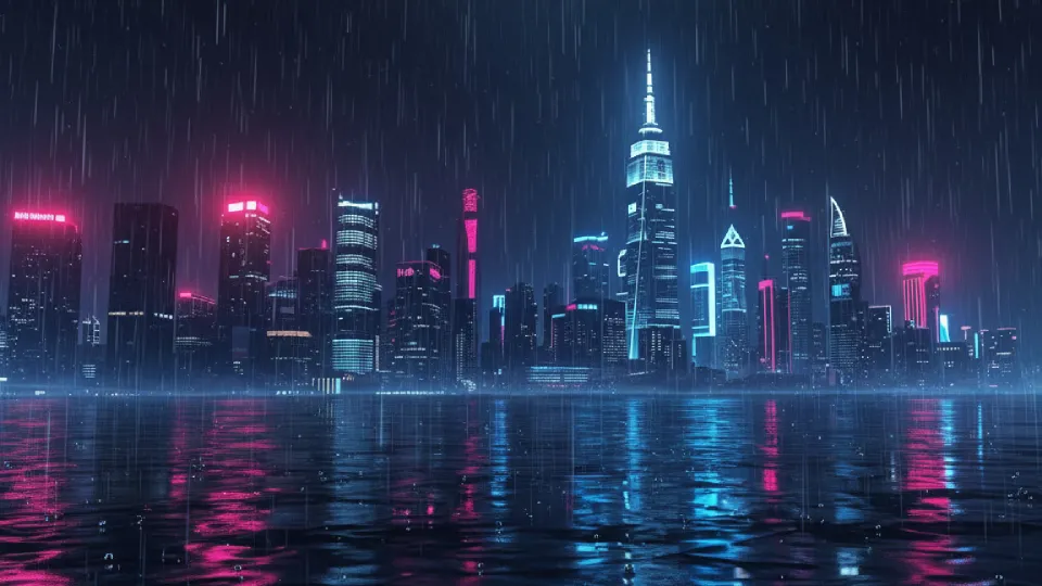 Dark city skyline with rain